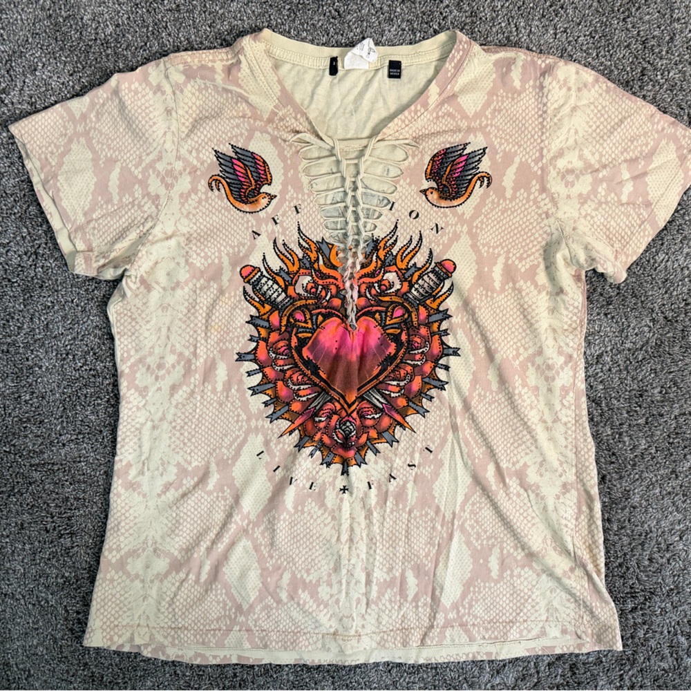 Affliction Beige Graphic Lace-Up Tee